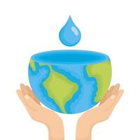 hands lifting world planet earth with drop water vector