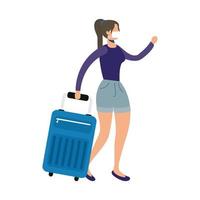 woman wearing medical mask with suitcase character vector