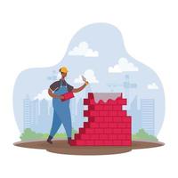 African construction worker with bricks wall character vector