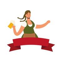 beautiful German woman with green suit drinking beer character and ribbon vector