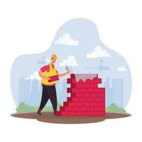 construction worker with bricks wall character scene vector