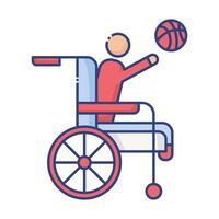 hombre jugando baloncesto en silla de ruedas discapacitados icono de estilo plano vector