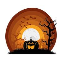 halloween pumpkin with bats flying and haunted house scene vector