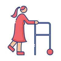 old woman using walker disabled flat style icon vector