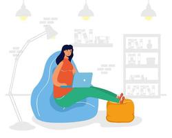 Mujer joven mujer trabajando en un portátil sentado en un sofá vector