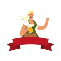 Hermosa mujer rubia alemana bebiendo cerveza personaje con marco de cinta vector