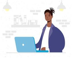 African man using laptop computer character vector