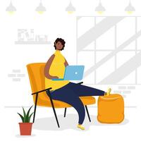 African woman using laptop in the sofa vector