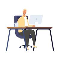 young man working in desktop in workplace scene vector