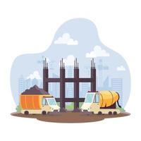 construction dump and concrete mixer vehicles in workplace scene vector