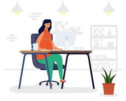 young woman female using desktop in workplace scene vector