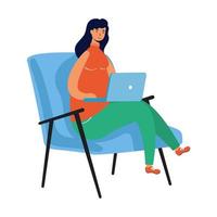 Mujer joven que trabaja en el portátil sentado en un sofá vector