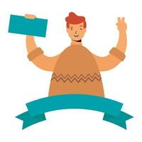 young man celebrating with voting card vector