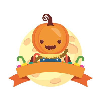 happy Halloween cute boy disguise of pumpkin with ribbon frame vector illustration design