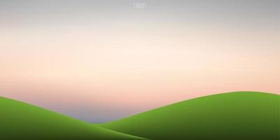 Green grass hill and sunset sky background. Outdoor natural background for template design. Vector. vector