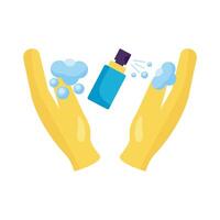 hands using disinfectant spray bottle product vector