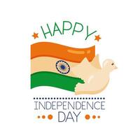 Independence day India celebration with flag and dove flying flat style vector