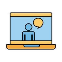 man in laptop with speech bubble line and fill style icon vector