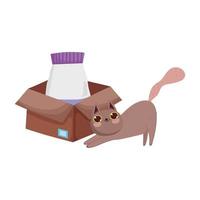 Gato marrón con paquete de comida en caja de cartón mascotas vector