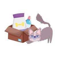 disheveled cat with food package and veterinary bottle pets vector