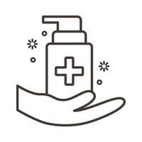 hand with antibacterial soap bottle line icon vector