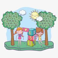 happy childrens day, boy and girl playing with numbers blocks park vector
