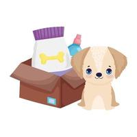 Cachorro de perro con paquete de caja de alimentos caninos mascotas vector