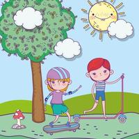 happy childrens day, little boys playing with skateboard and scooter park landscape vector