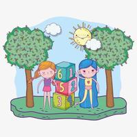 happy childrens day, cute girls playing with numbers blocks in the park vector