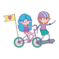 happy childrens day, kids riding bike and skateboards in the park vector