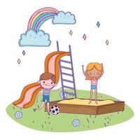 happy childrens day, boy with soccer ball and girl in sandbox playground vector