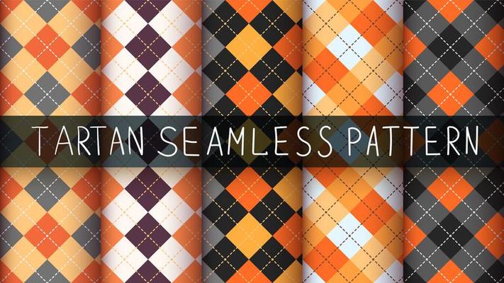 Seamless tartan, argyle, and plaid halloween pattern set