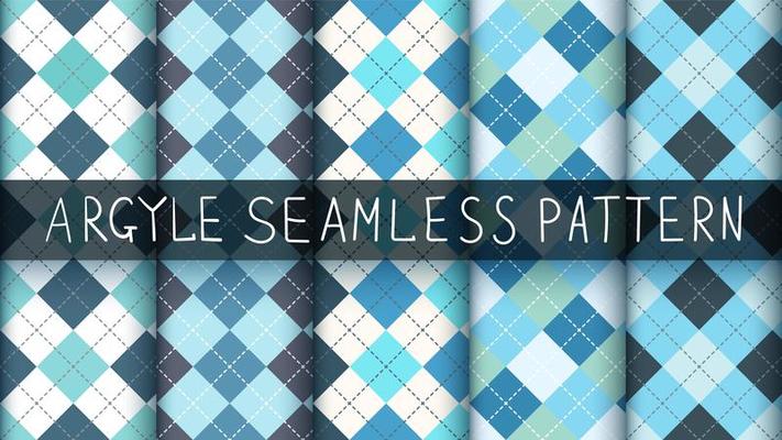 Seamless tartan, argyle, and plaid blue pattern set