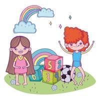 happy childrens day, boy and girl with ball numbers blocks park vector