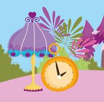 lamp clock time leaves foliage decoration vector