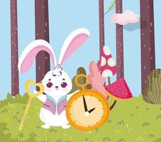 wonderland, rabbit with key and clock forest vector