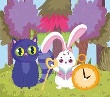 wonderland, cat and rabbit key clock trees forest grass vector