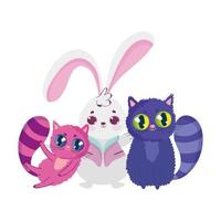 cute rabbit and two cats cartoon character design vector