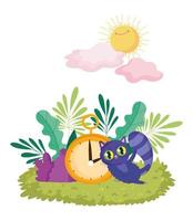 wonderland, cat and clock foliage nature sun clouds cartoon vector