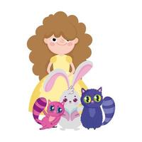 niña con gatos y conejos personajes de dibujos animados del país de las maravillas