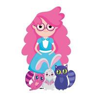 niña con gatos y conejos personajes de dibujos animados del país de las maravillas vector