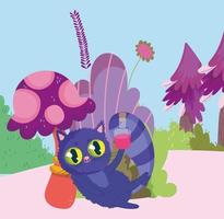 wonderland, cat with elixir bottle mushroom foliage cartoon vector