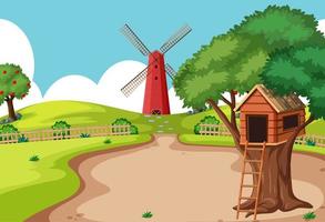Tree house in the farm scene with windmill vector