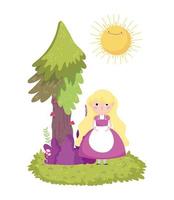 girl tree bush grass in wonderland vector