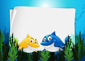 Blank paper template with many sharks cartoon character in the underwater scene vector