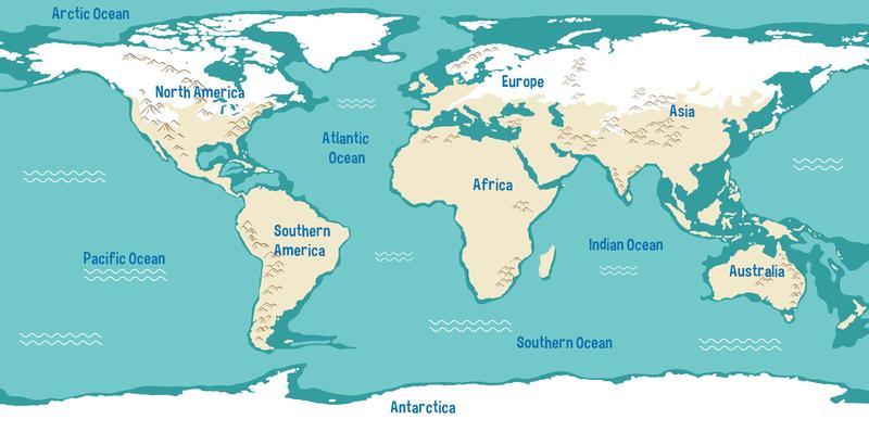 World map with continents names and oceans