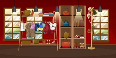 Clothes hanging on a clothes rack with accessories on shelves in the room scene vector