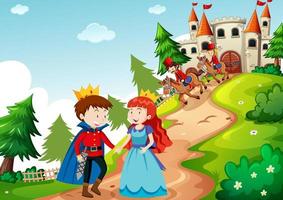 Scene with prince and princess at the castle vector