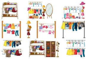 Set of clothes, accessories and wardrobe isolated on white background vector