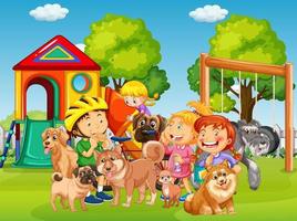 Escena al aire libre del parque infantil con muchos niños y su mascota. vector